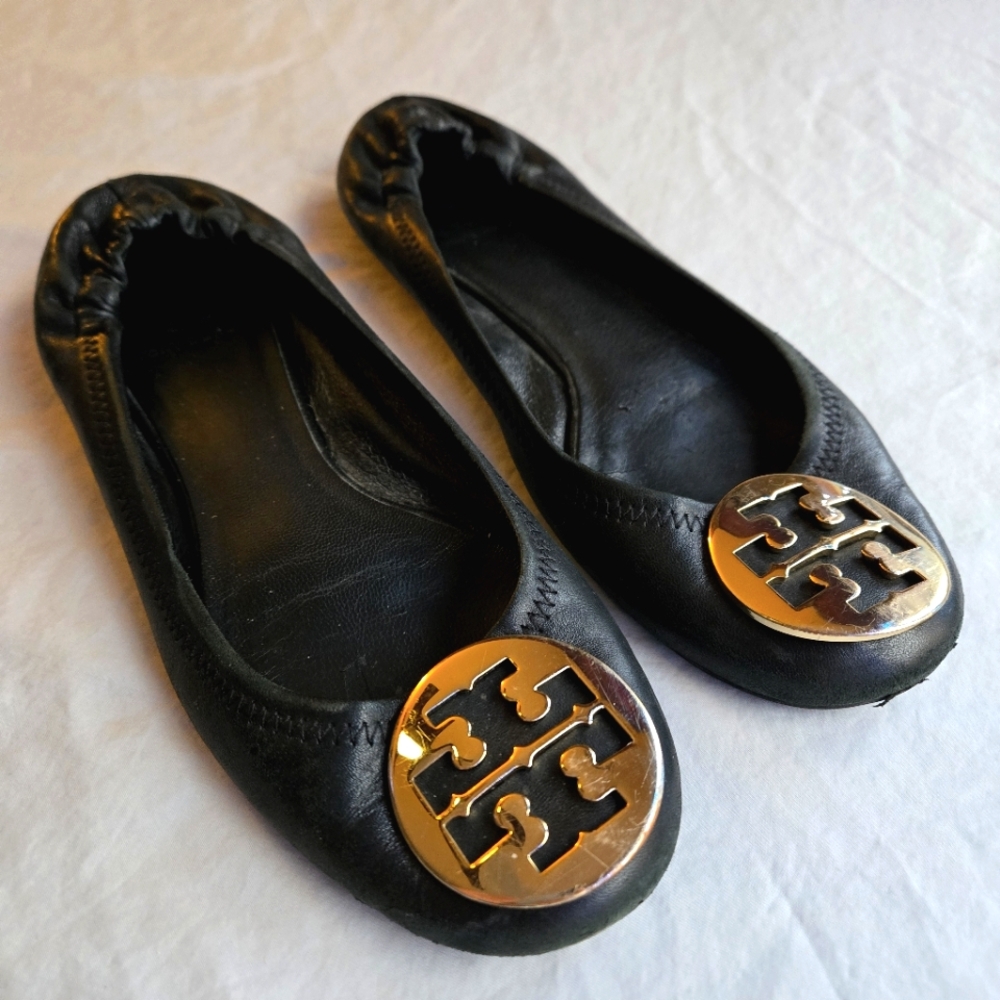 Tory Burtch Reva Ballet Flats Black Leather 8.5 Gold Medallion